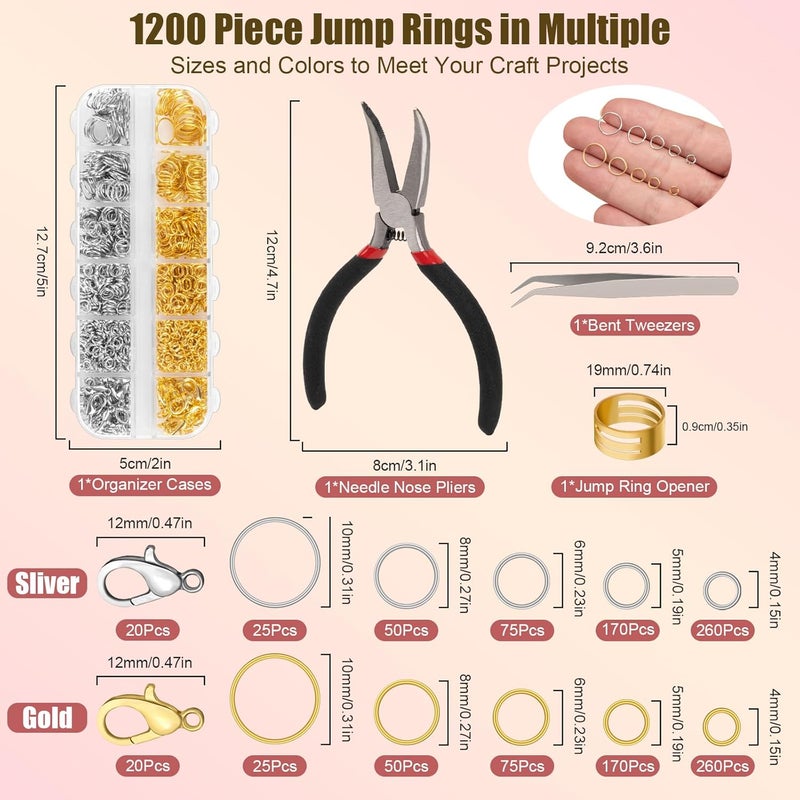 Amrules 1200 Pcs Jump Rings for Jewelry Making Supplies, Necklace Repair Kit with Open/Close Tools, Pliers, Tweezers, Lobster Clasps, Jewelry Jump Rings for Crafts and Key Chains (Silver and Gold) - Image 2